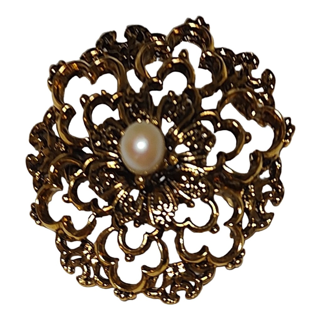 Tacoa Raised Relief‎ Brooch Pin Faux Pearl Floral Filigree Gold Tone Vintage